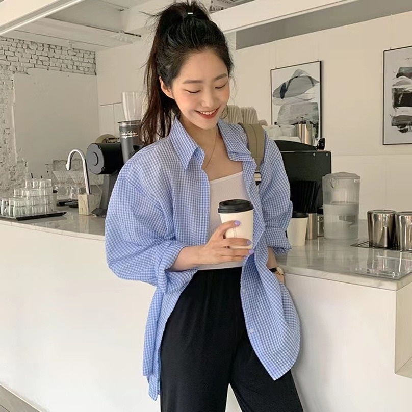 Áo sơ mi GENAISHA cho nữ tay dài dáng rộng họa tiết caro phong cách Hàn Quốc