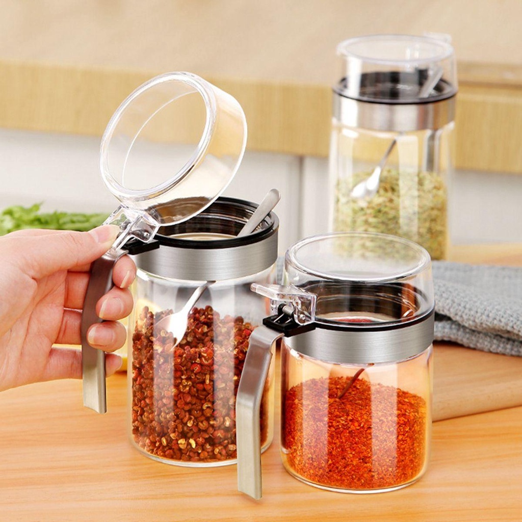 Hũ Đựng Gia Vị Bằng Thép Không Gỉ Chống Ẩm Kèm Muỗng Tiện Dụng Cho Nhà Bếp