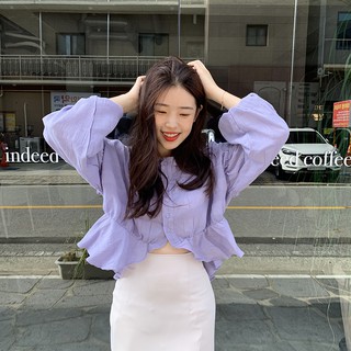 (ORDER) Áo sơ mi nữ tay phồng thiết kế vạt bèo độc lạ màu tím pastel ngọt ngào thanh lịch Hàn Quốc
