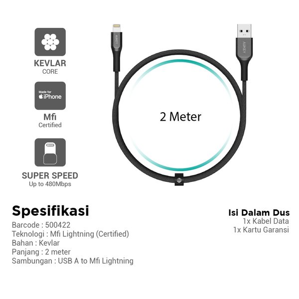 Aukey Cable Cb-Akl2 Black Mfi Usb A To Lightning Kevlar 2m - 500422