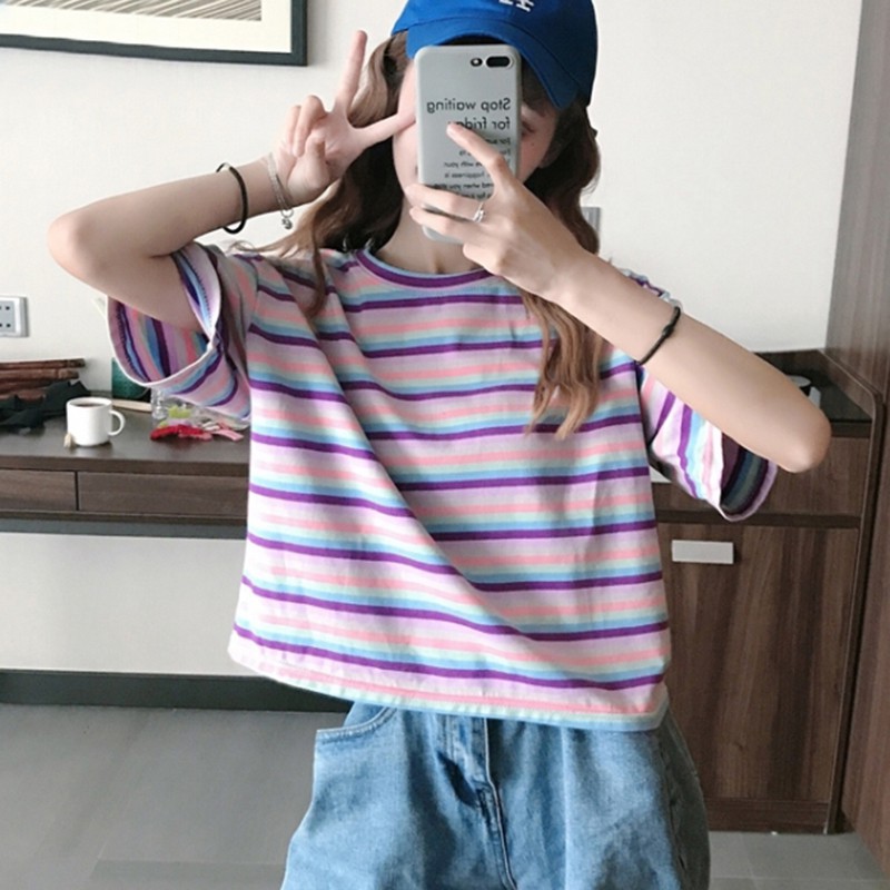 Áo Thun Lửng Tay Ngắn Kẻ Sọc Cầu Vồng Thời Trang Cho Nữ
