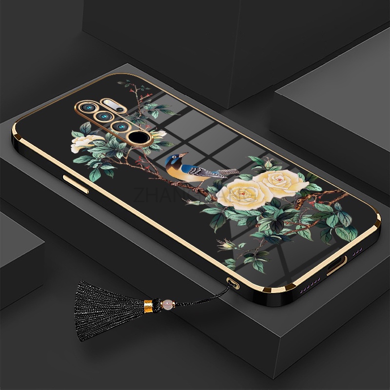 Ốp Điện Thoại Silicon Mềm Mạ Điện Họa Tiết Hoa Và Chim Kèm Dây Đeo Cho Redmi note 8 note 8 pro