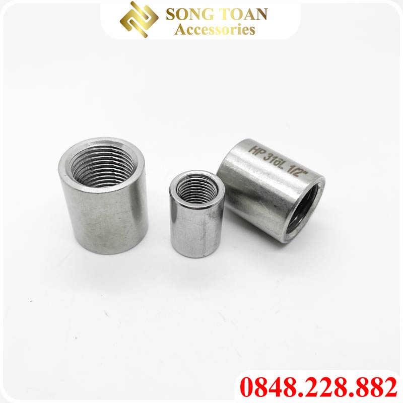 Nối 2 Ren Trong & Măng Sông - Ren Thông Dụng 9.6 13 17 21 27 34 42 49 60 - Bằng Inox Bề Mặt Trơn