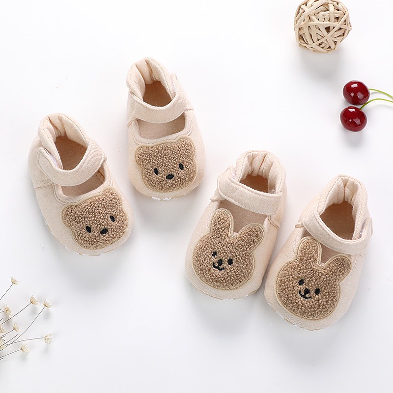 Giày tập đi cho bé 0-2 tuổi 100% cotton hữu cơ tự nhiên không chất tẩy nhuộm chống trơn trượt hình gấu , thỏ đáng yêu