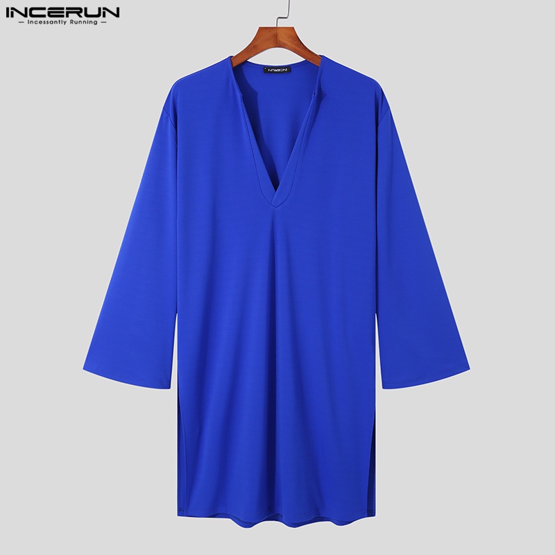 Áo choàng kaftan Incerun dài tay cổ chữ V màu trơn sành điệu cho nam phong cách Hồi giáo