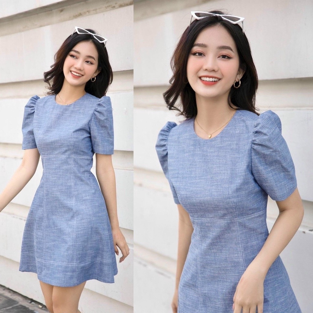 Đầm Xòe Công Sở Akara DT279 Dáng A Cổ Tròn Tay Phồng Màu Xanh Phù Hợp Dự Tiệc Dạo Phố