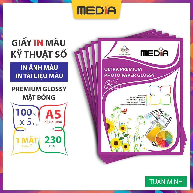 Bộ 5 Xấp Giấy In Ảnh Media 1 Mặt Bóng A5 230gsm 100 tờ x 5 | BigBuy360 - bigbuy360.vn