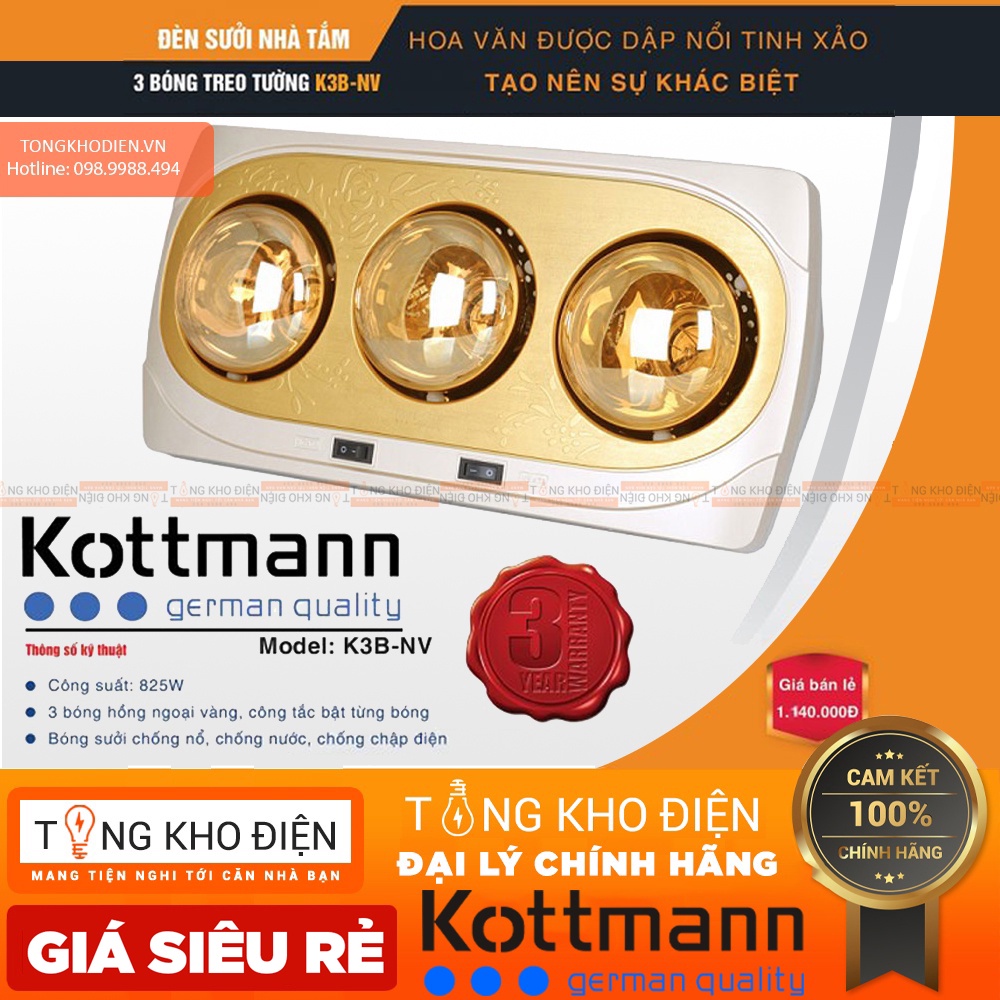 [BẢO HÀNH 3 NĂM 1 ĐỔI 1] Đèn sưởi nhà tắm Kottmann 3 Bóng Hồng Ngoại [CHÍNH HÃNG]