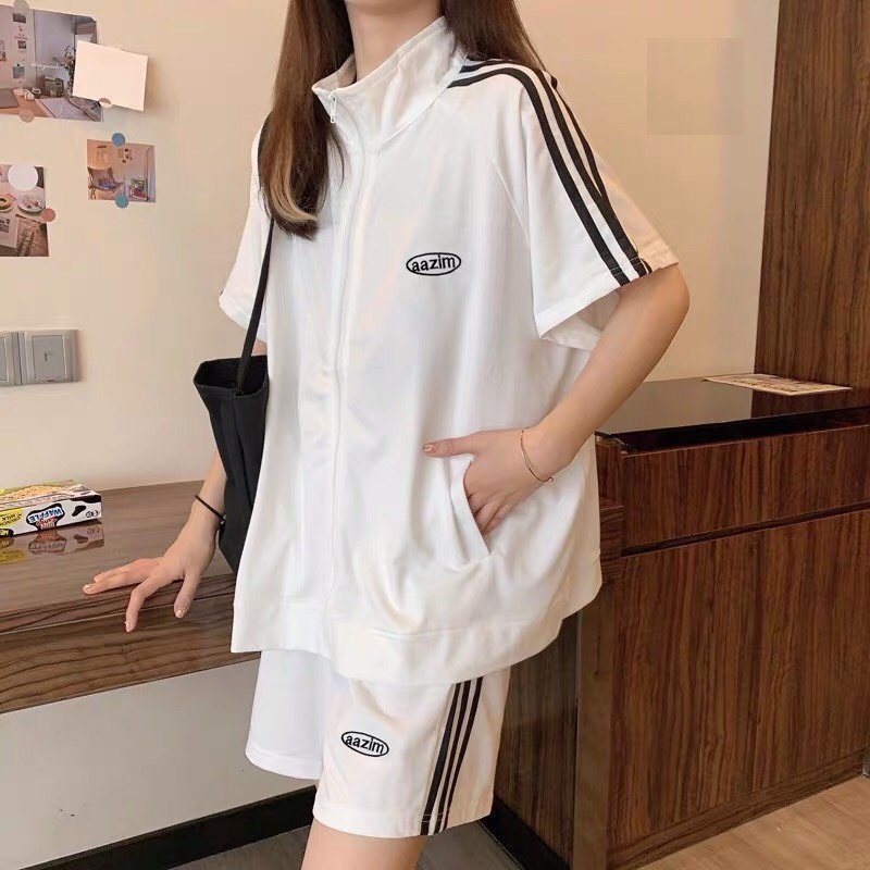 Set short 3 sọc thêu logo MSL vintage unisex - Combo bộ thể thao cộc trắng phối 3 sọc nam nữ