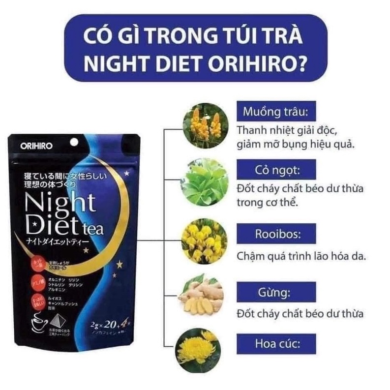 Trà Giảm Cân Orihiro Ban Đêm Night Diet Tea Nhật Bản Hỗ Trợ Giảm Cân 20 gói/túi 24 gói/túi