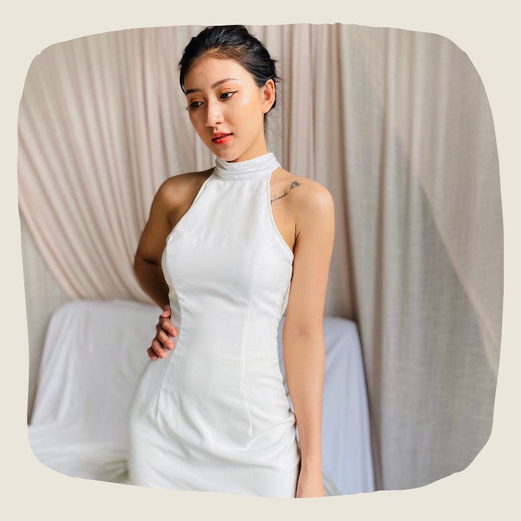 Váy cổ yếm, hở lưng mặc đi tiệc, dạo phố