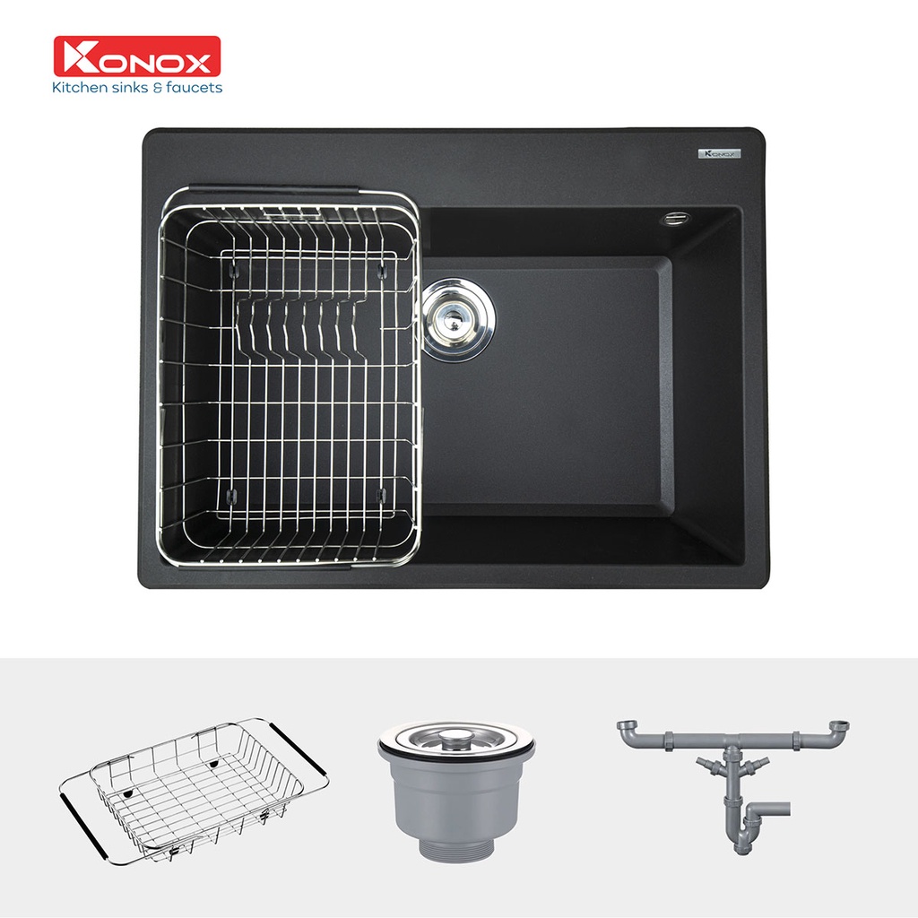 Chậu rửa bát đá KONOX Granite Series Ruvita 680 Black, Made in Italy, Full set gồm Siphon + Giá úp bát inox