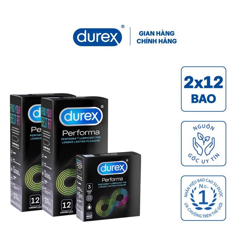 Bộ 2 hộp bao cao su Durex Performa (12 bao/hộp) + Tặng 1 hộp bao cao su Durex Performa 3 bao