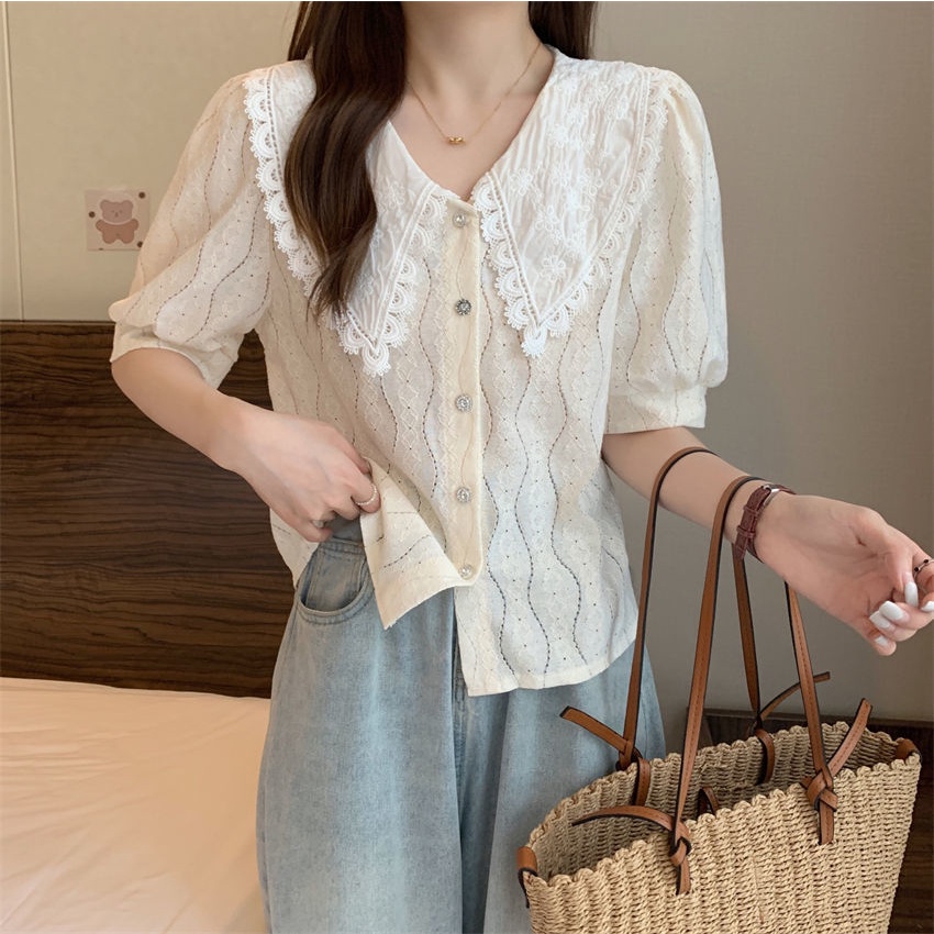 Áo Sơ Mi Trắng Tay Ngắn Cổ Búp Bê Phong Cách Hàn Quốc Ngọt Ngào Thời Trang Mùa