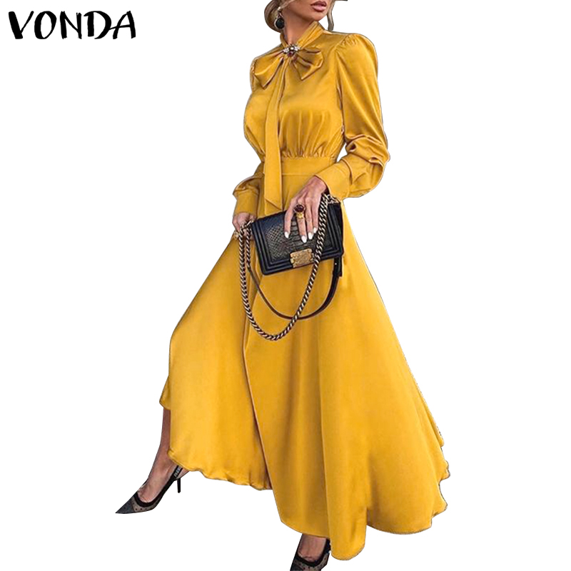 VONDA Women Casual Solid Color Long Sleeve Bowknot Party Tunic Long Dress