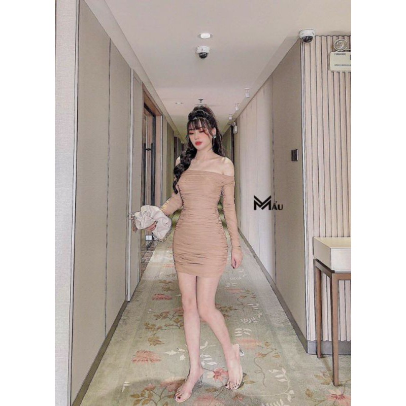 Đầm bẹt vai phối voan rút nhúng sexy