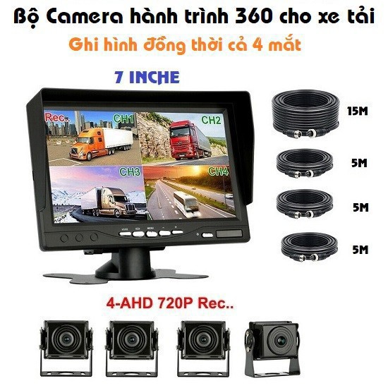 Camera hành trình 360 màn 7inche 4 camera ghi hình quan sát đồng thời 4 hướng cho xe bus xe tải - CDM7-360