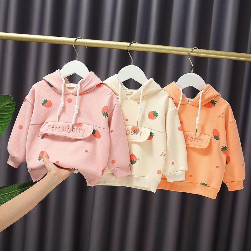 Áo hoodie lót nhung mịn hình dâu tây bé gái size 7-14kg (HÀNG QCCC) AT04