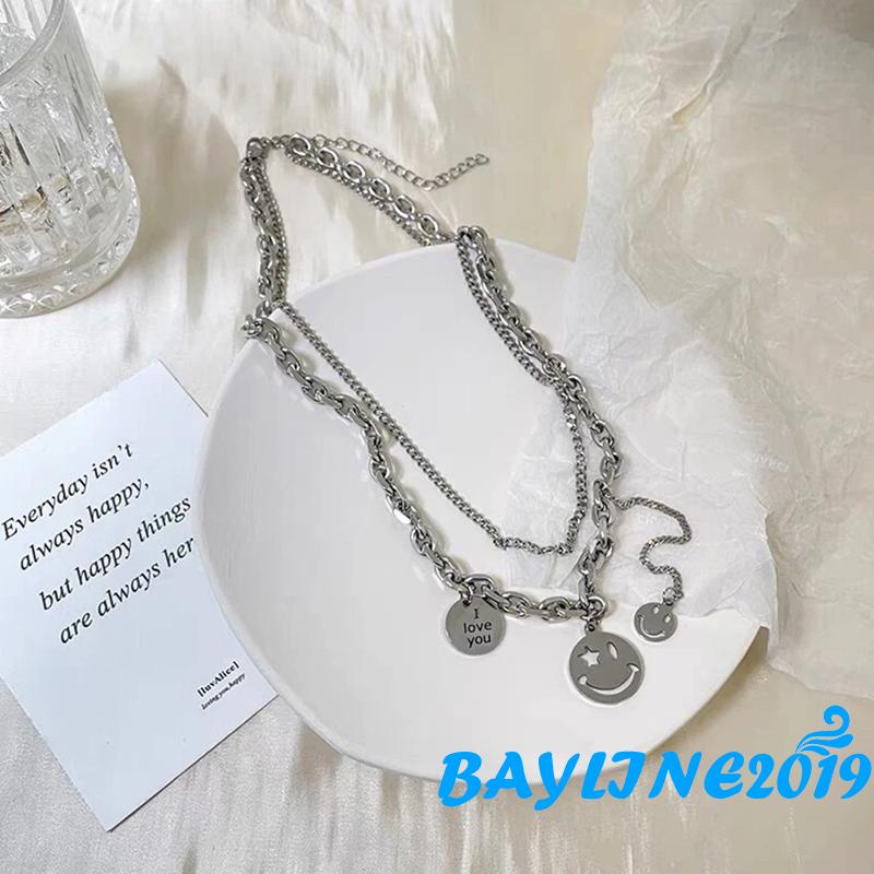 Bay-Women Layered Jewelry, Alloy Smile Face Charm Chain Necklace for Ladies, Gift for Girlfriend and Mother, Silver