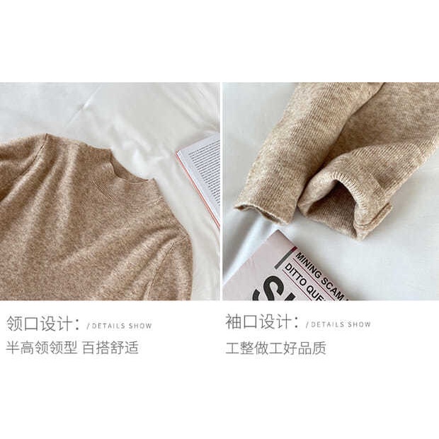 2021 Mới Dệt Kim Nữ Xuân Thu Đen Nửa Cổ Rùa Đáy Áo Sơ Mi Bên Trong Áo Len Trắng Mỏng Top