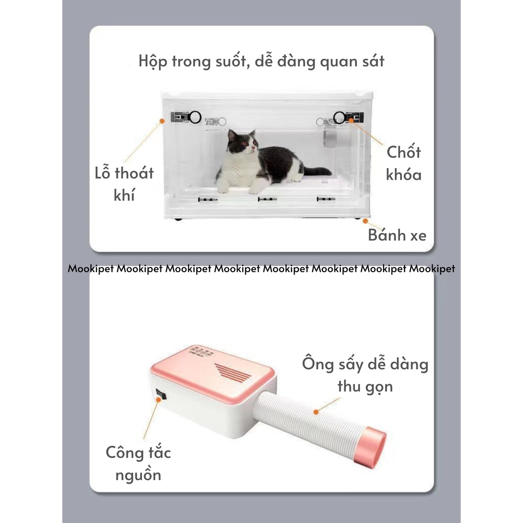 Hộp sấy lông cho cho mèo trong suốt tiện lợi, Hộp sấy lông tự động đa nặng Mookipet