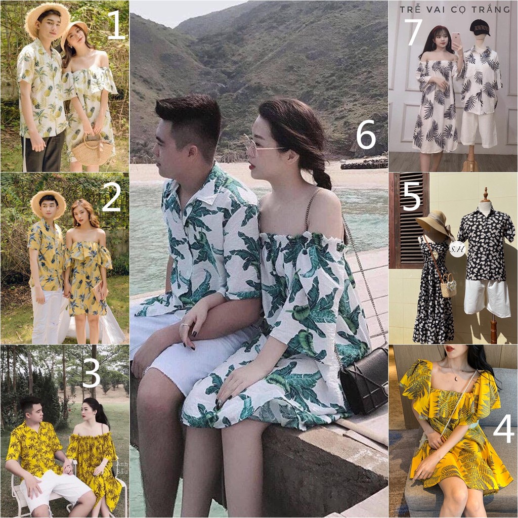 ✘Set Đôi Nam Nữ Đi Biển Áo sơ mi hoa lá chất đũi đẹp mát váy maxi du lịch trễ vai