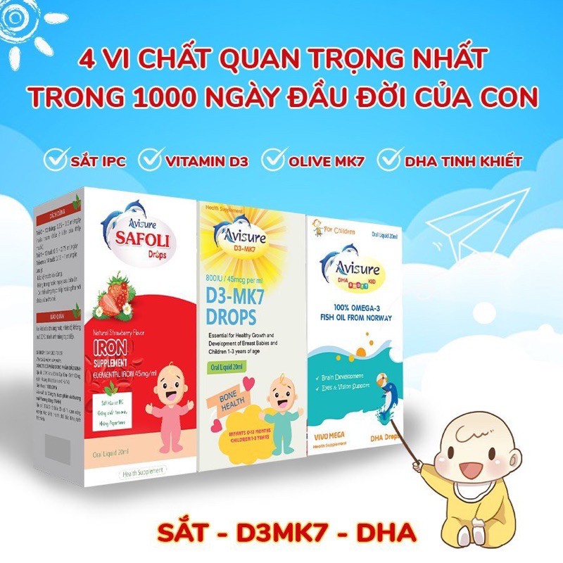 Avisure D3-MK7 Drops - Bổ sung Vitamin D3 K2 , giúp tăng cường hấp thu canxi và phát triển chiều cao