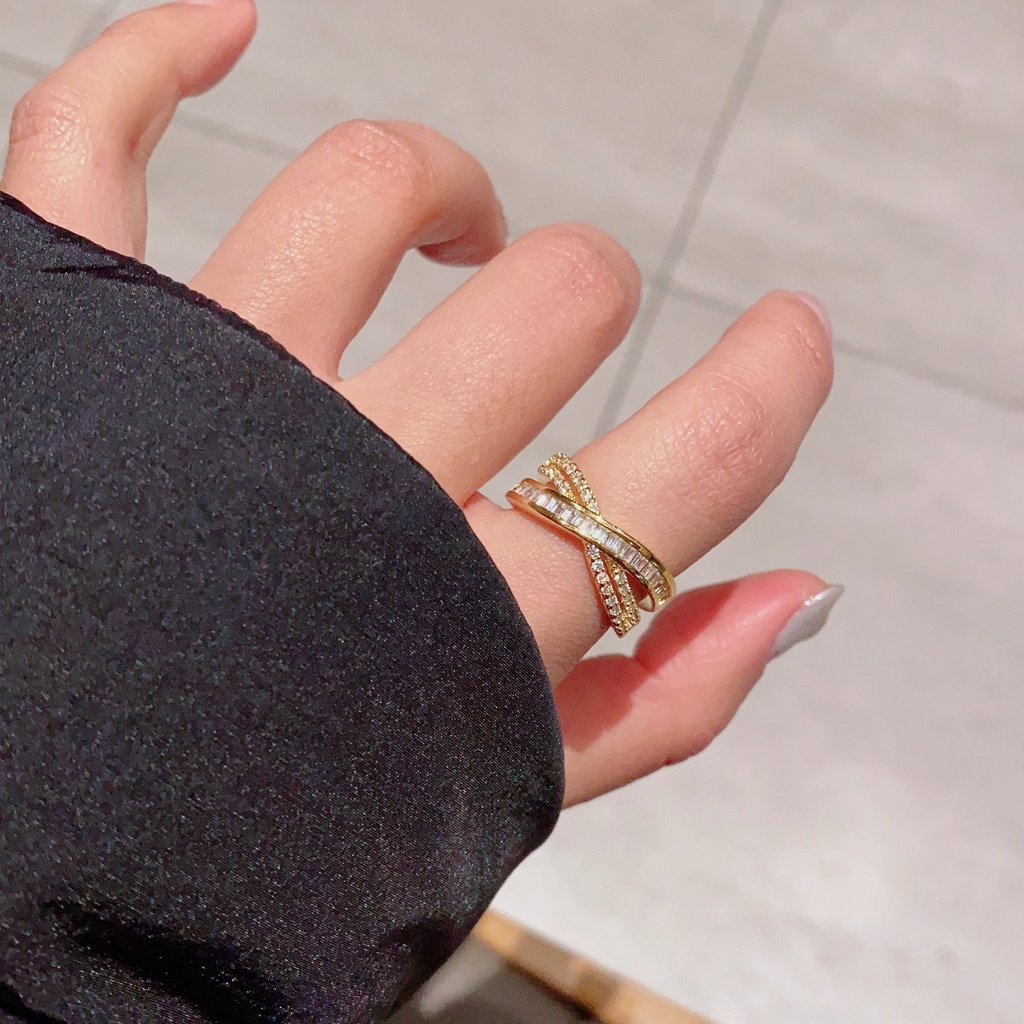 Nhẫn Đan Chéo Đính Đá Zircon Hình Chữ X Có Thể Điều Chỉnh Kích Cỡ Thời Trang Hàn Quốc