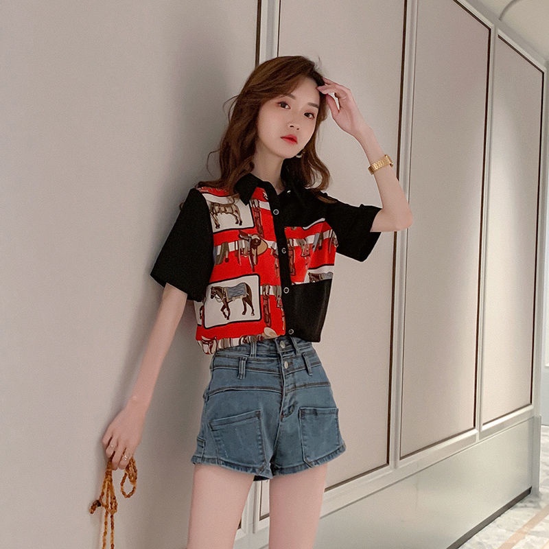 Short sleeve women's printed shirt 2022 new summer top women's Design Hong Kong style shirt women's Retro Hong Kong Style