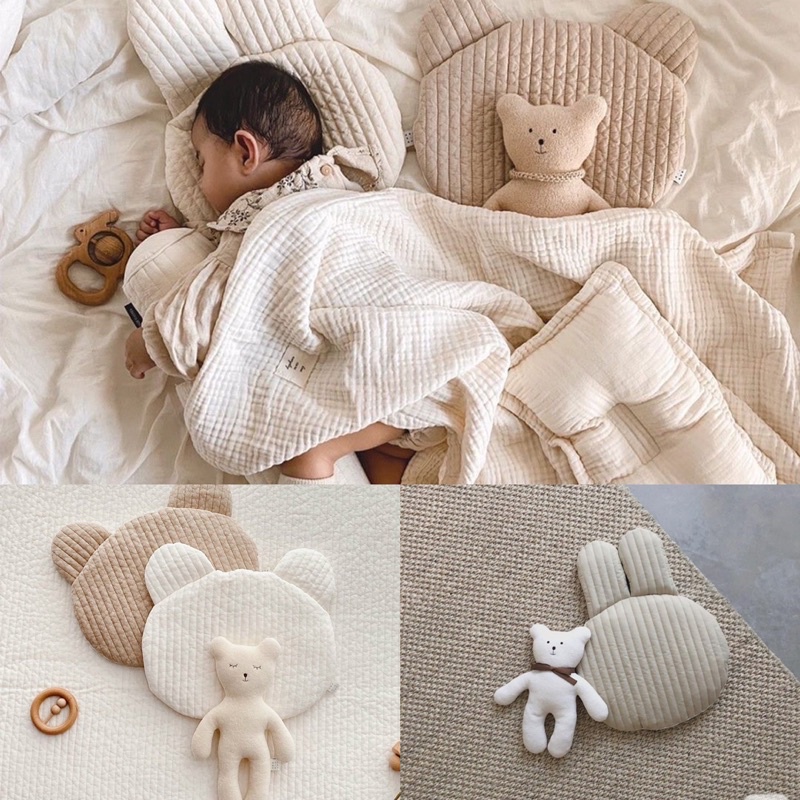 Gối Hàn Quốc Cho Bé hình Thỏ và Gấu Màu nhuộm hữu cơ phong cách Vintage Cực Xinh Yêu