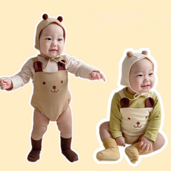 Cute Bear Onesies for Babies and Boys Sleeveless Straps Romper with Hat Two-piece Suit