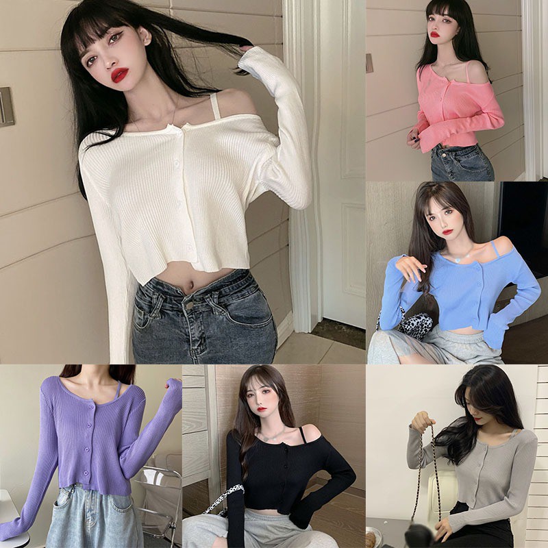 Áo Cardigan Dệt Kim Tay Dài Thiết Kế Lệch Vai Quyến Rũ Cho Nữ | BigBuy360 - bigbuy360.vn