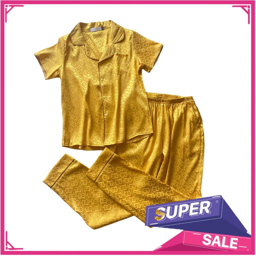 Bộ Pijama Gấm giãn nhẹ 4 chiều, màu vàng và hồng đỗ siêu xinh, quần dài áo cộc (ảnh thật shop tự chụp)
