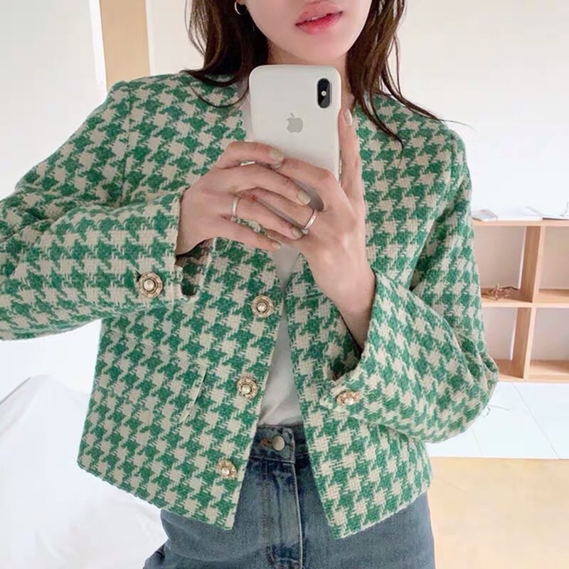 Áo dạ sweet kẻ  dáng dạ Hàn Quốc