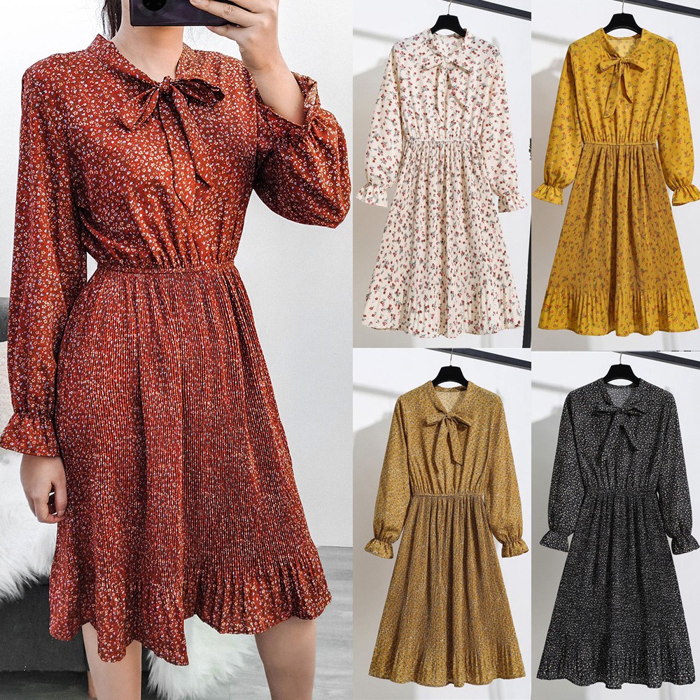 Đầm Hoa Tay Dài Phong Cách Vintage Hàn Quốc (Màu Đỏ)