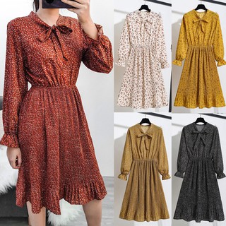 Đầm Hoa Tay Dài Phong Cách Vintage Hàn Quốc (Màu Đỏ)