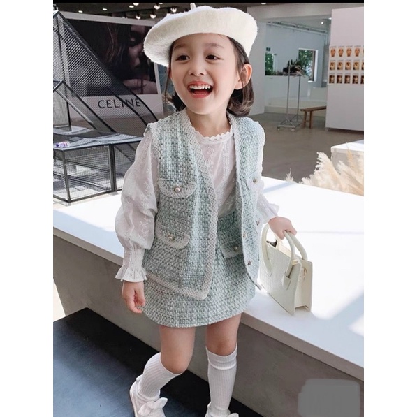 Set áo gile - chân váy dạ chỉ - áo sơ mi thô Mèo Kids điệu đà cho bé gái