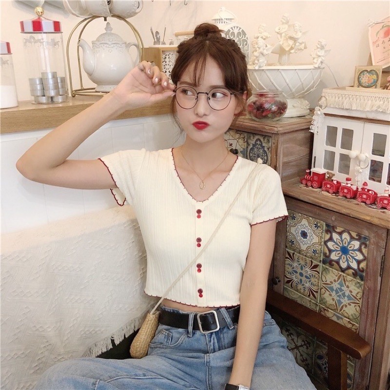 Áo Croptop Cổ Tim Phối Viền Màu Siêu Xinh (VIDEO, ẢNH THẬT)