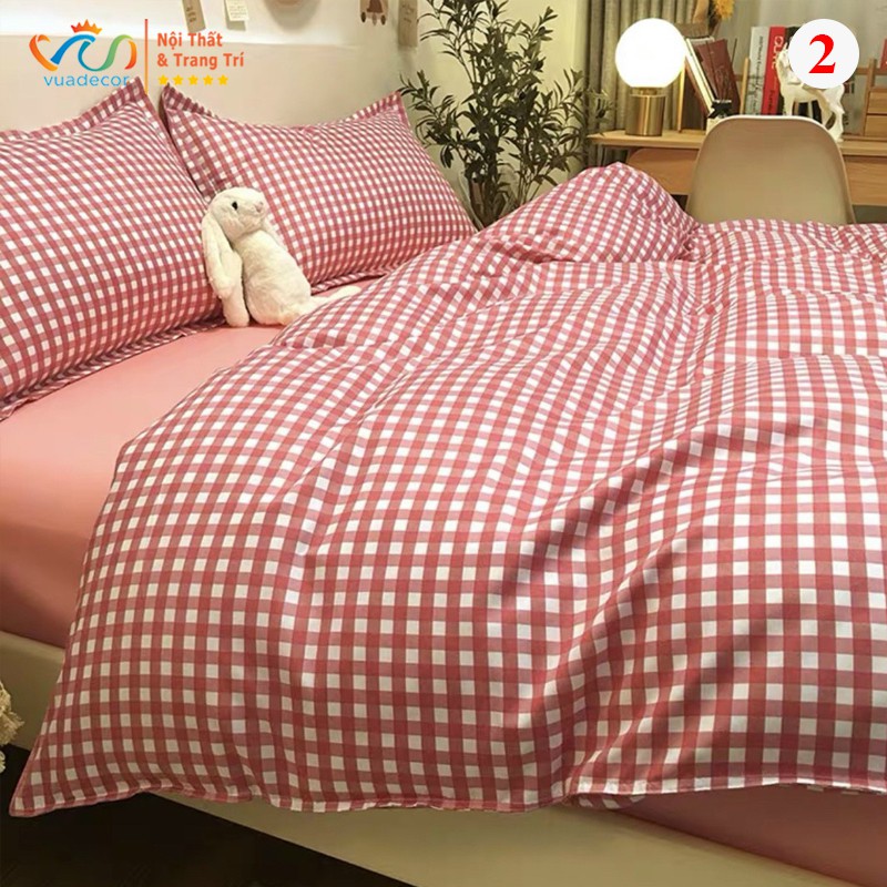 Set vỏ chăn ga gối cotton Poly họa tiết kẻ caro trang trí, decor phòng ngủ phong cách Hàn Quốc - Hàng nhập khẩu cao cấp