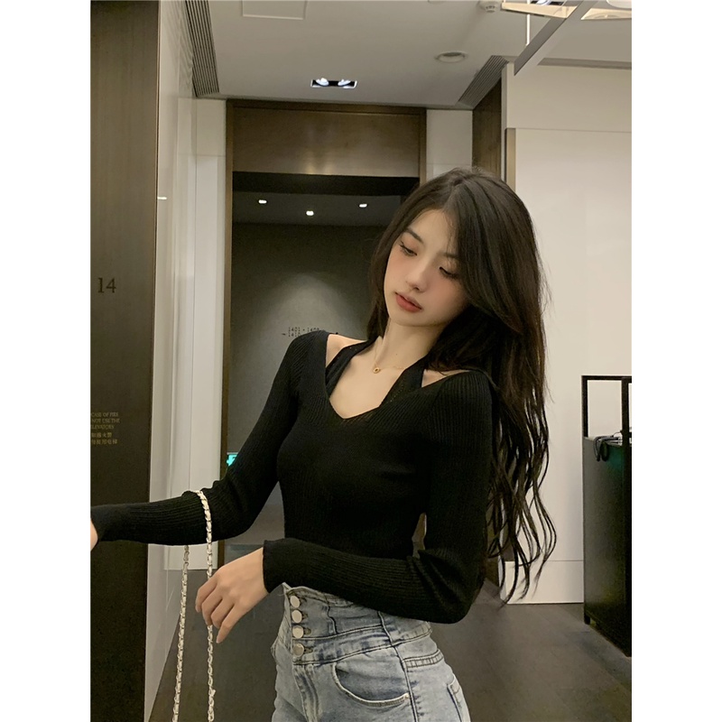 Áo Sweater Tay Dài Cổ Yếm Ôm Dáng Quyến Rũ Thời Trang Hàn Quốc Cho Nữ