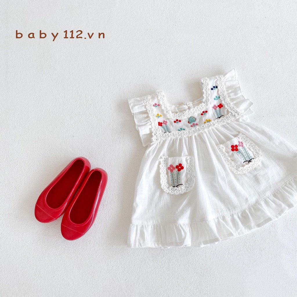 Váy đầm cho bé gái sơ sinh trẻ em đến 2 tuổi BABY112.VN chất liệu cotton thoáng mát mềm mịn thêu họa tiết nhiều hoa B011