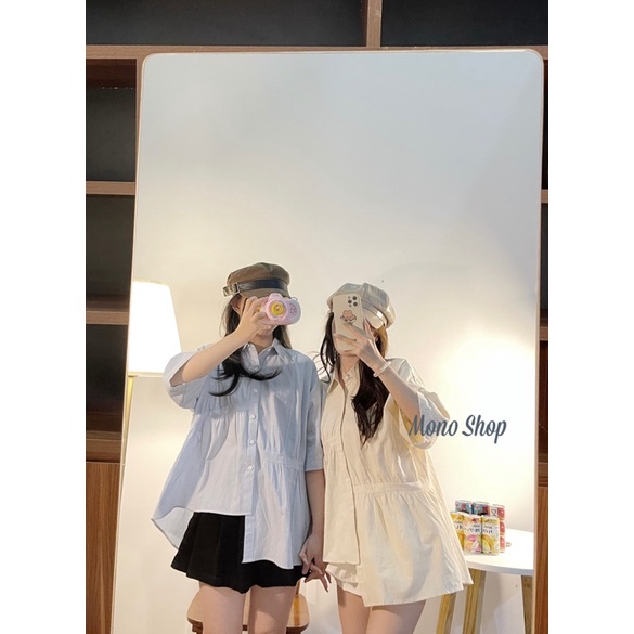 [Mã SKAMLTSM9 giảm 10% đơn 99K] Áo sơ mi cộc tay vạt lệch nhún cách điệu, áo babydoll nhún eo (ảnh thật/sẵn)