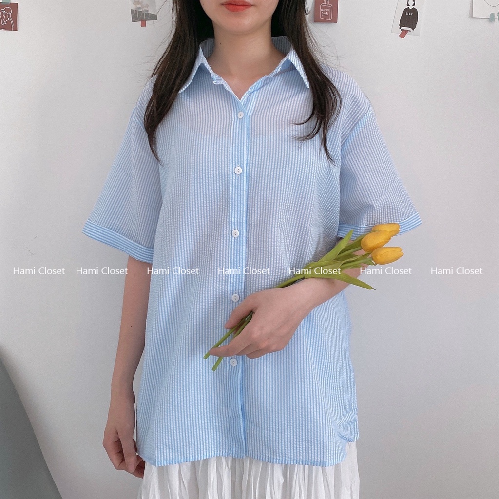 Áo sơ mi kẻ caro ngắn tay cổ đức xoắn sau lưng phong cách ulzzang Hàn quốc