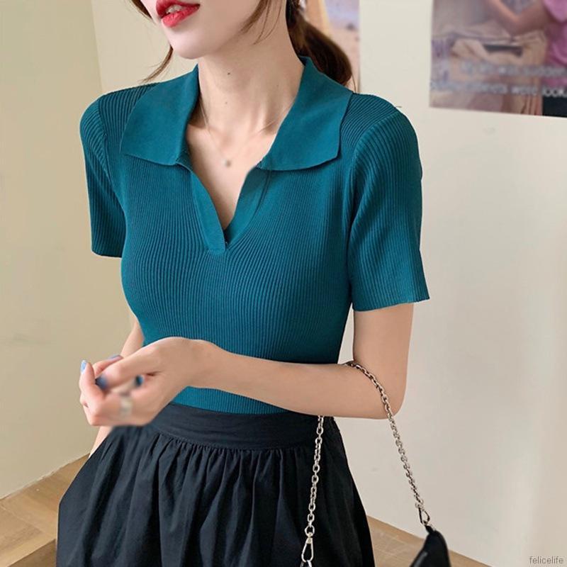 Áo Dệt Kim Ngắn Tay Cổ Chữ V Màu Trơn Thời Trang Cho Nữ