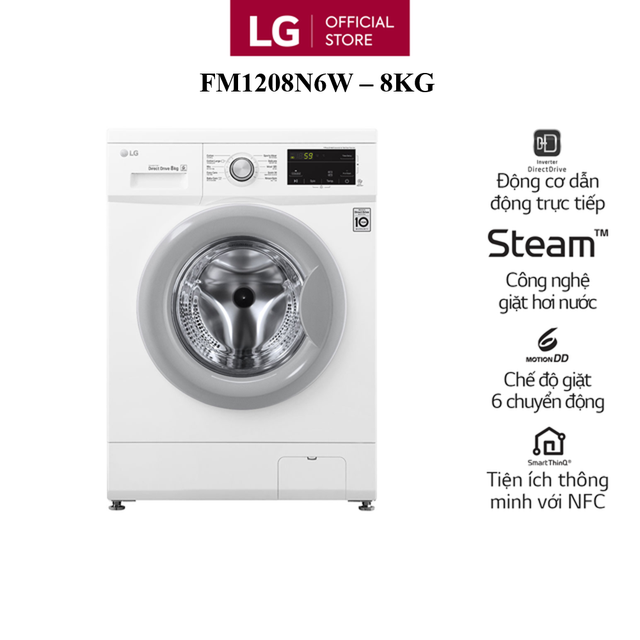 Máy giặt lồng ngang LG Inverter 8 kg (Trắng)-FM1208N6W-Giao nội thành - Miễn phí lắp đặt