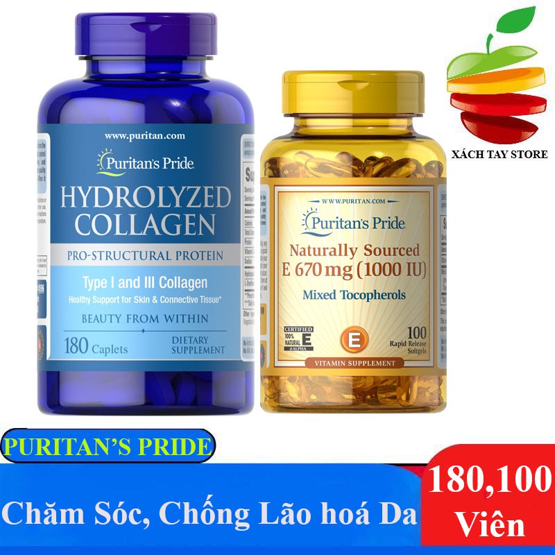 Bộ Đôi Tối Ưu Hoá Chăm Sóc và Chống Lão Hoá cho Da Collagen 1000mg 180v và Vitamin E  1000iu 100 viên - Puritan Pride