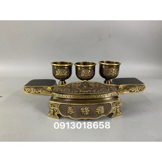 Bộ khay 3 chén bằng đồng vàng - ly chén bằng đồng nguyên chất. Khay nước thờ