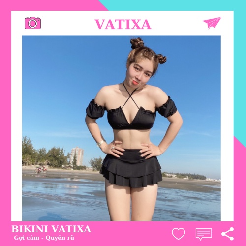 [HÌNH THẬT＋FEEDBACK]  Bikini nữ 2 mảnh màu đen tay bồng phối váy dễ thương VATIXA BKN77 ĐEN