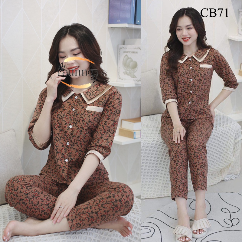 Đồ bộ nữ mặc nhà chất liệu Chà Bông mặt mịn dày dặn, cổ kép họa tiết xinh fom dáng đẹp