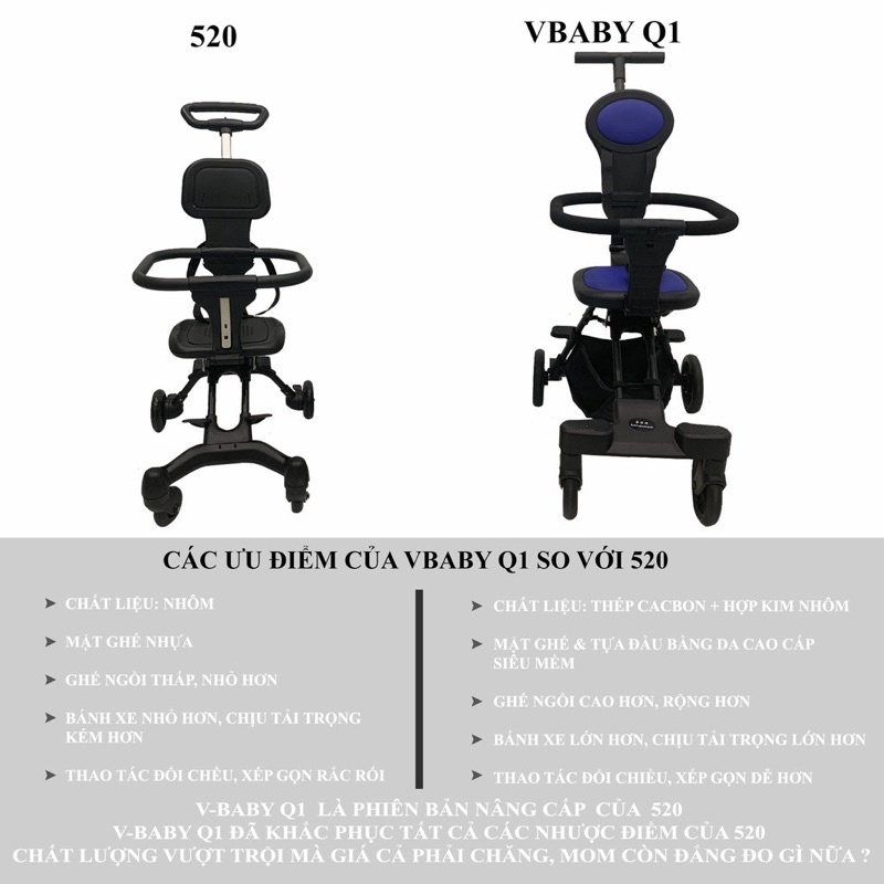 xe đẩy du lịch gấp gọn 2 chiều umoo, vovo . xe đẩy du lịch cho bé gấp gọn đảo chiều Vbaby Q1